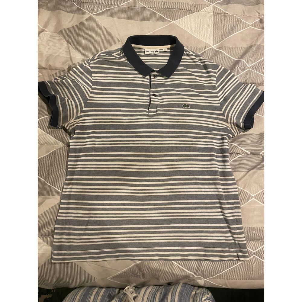 Lacoste Men’s L Regular Fit Navy Cream Striped Polo Shirt Logo